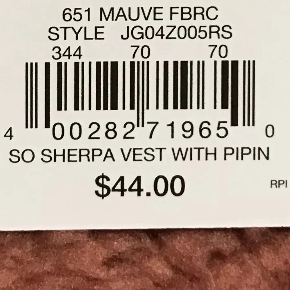 SO Women's Full Zip Sherpa Vest Size S Warm & Cozy Black/Grey/ Mauve - Choose C.